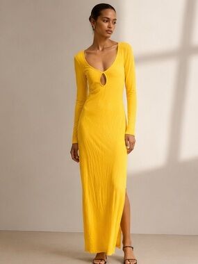 Boohoo Yellow Long Sleeve Cutout Maxi Dress